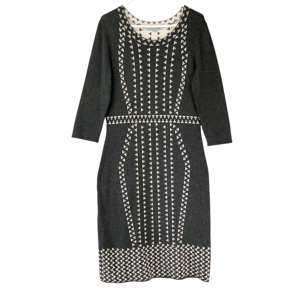 Danny and Nicole Gray Geometric Knit Sweater Dress L Pullover Scoop 3/4 Sleeve